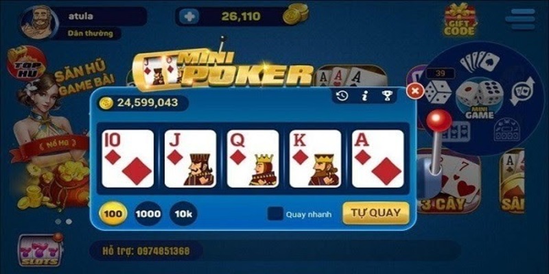 Các nút điều khiển bao gồm quay nhanh, quay tự đồng, biểu tượng (i), lịch sử game